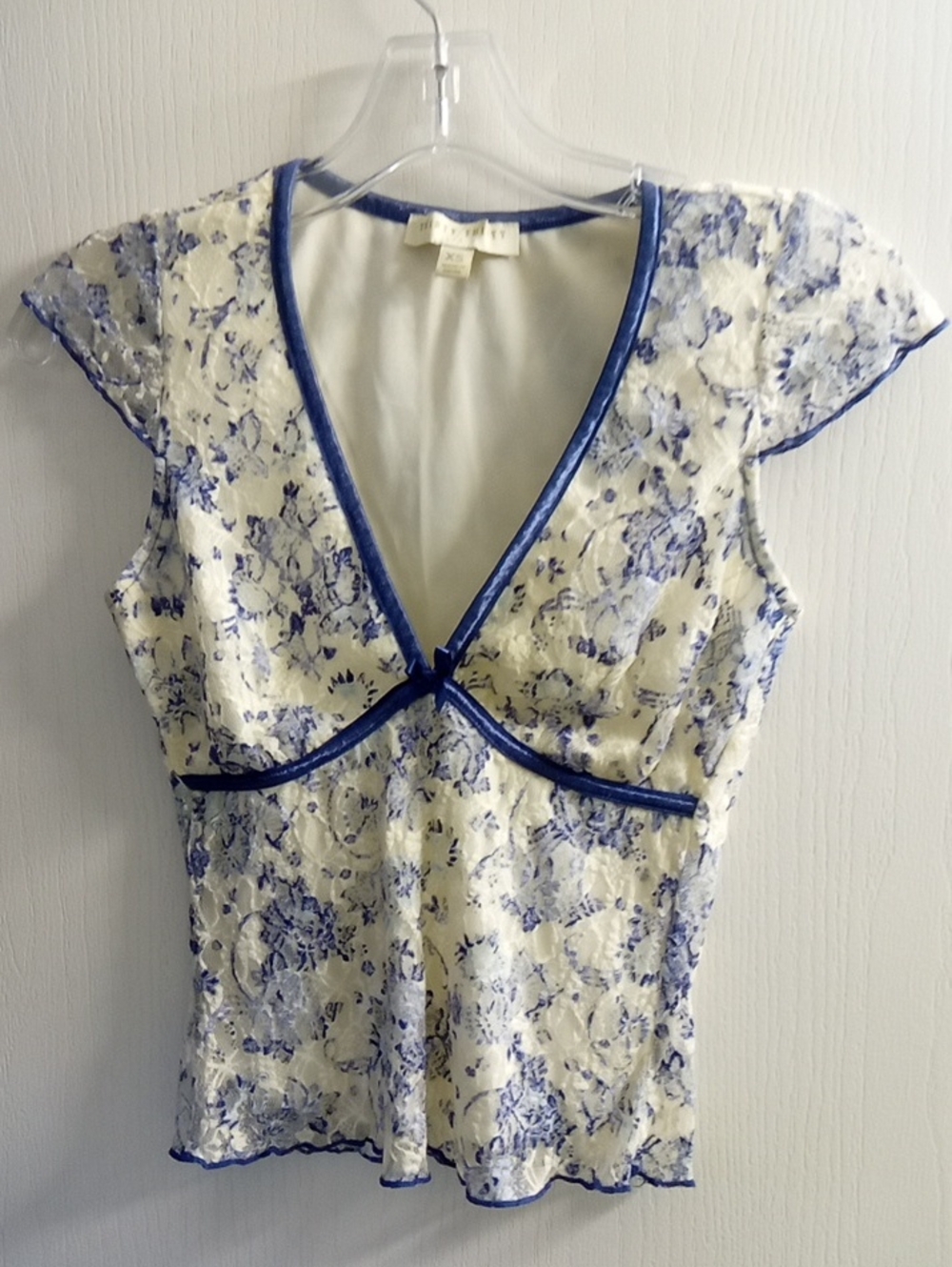 Blue Floral Lace-Overlay V-Neck Blouse